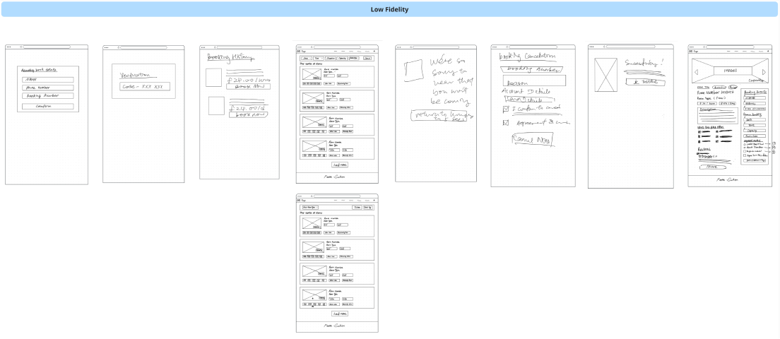 Low-fidelity wireframe exploration of the booking flow